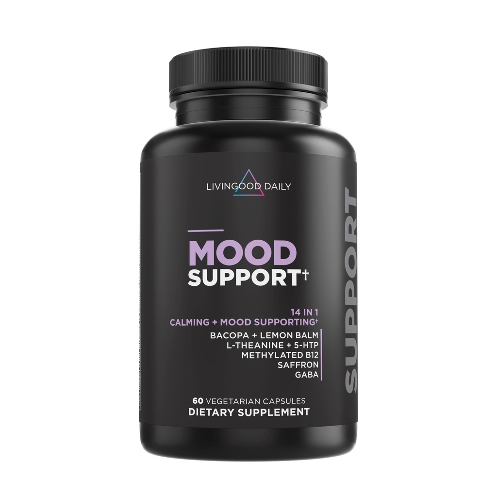 Livingood Daily Mood Support Supplement for Women & Men, 14-in-1 Formula L Theanine, Lemon Balm, GABA, Saffron, 5-HTP & B12, Tukee Focus & Emotional Wellness, Gluteeniton, Vegan, 60 kapselia
