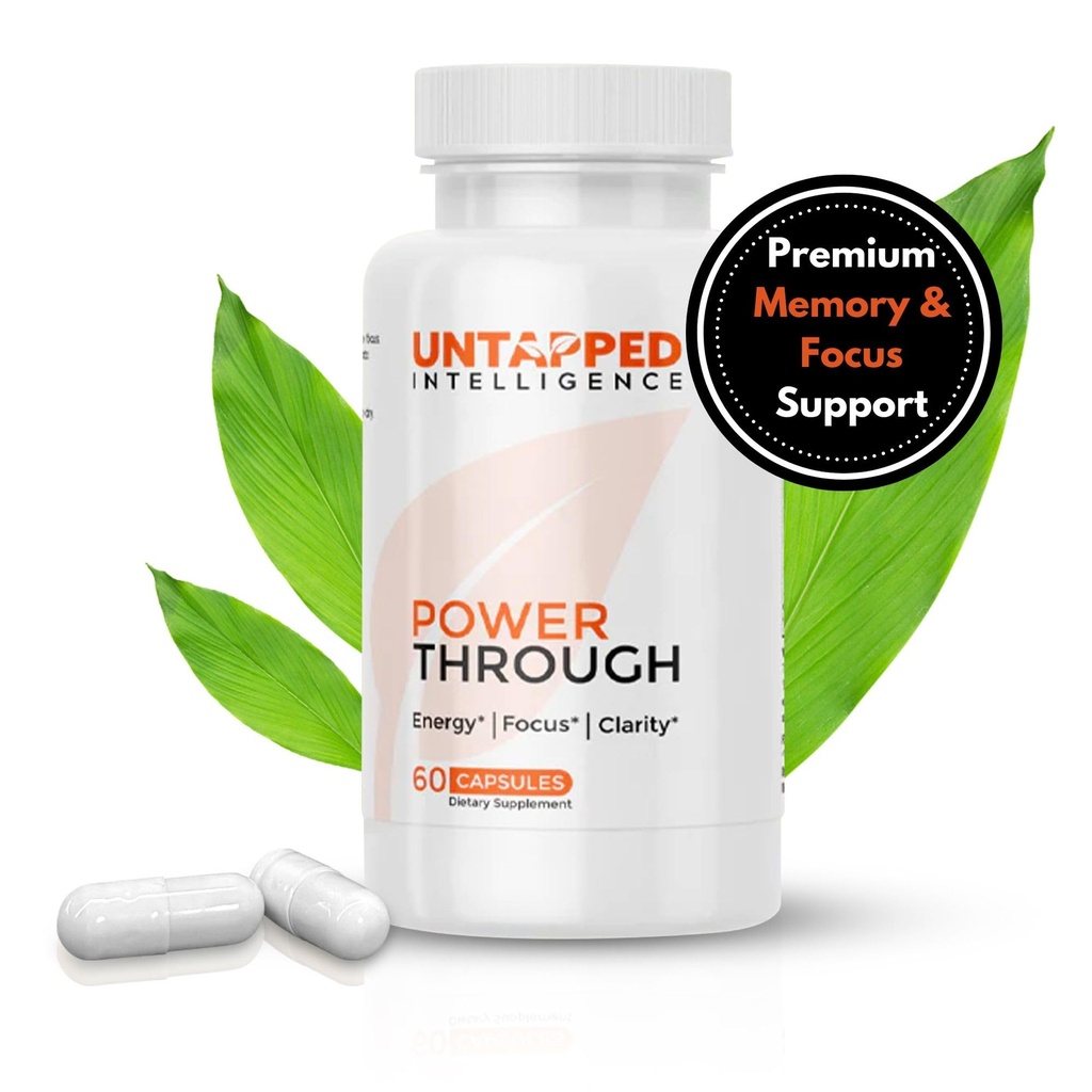 Power Through - Nootropic Brain Supplement for Memory and Focus with L-Theanine, Bacopa Monnieri, Rhodiola Rosea, B12, energia pillereitä, mielialan tuki ja paras aivolisä muistifokus