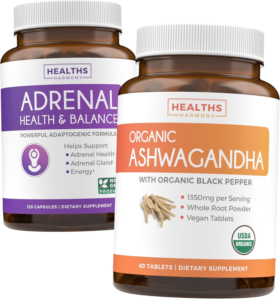 Adrenal & Ashwagandha (1-kuukautinen toimitus) Rauhallinen & Energize Bundle - Lisätuki L-tyrosiinilla (120 kapselia) & USDA Organic Ashwagandha 1350mg Ashwagandha juurijauhe per Serve (60 kapselia)
