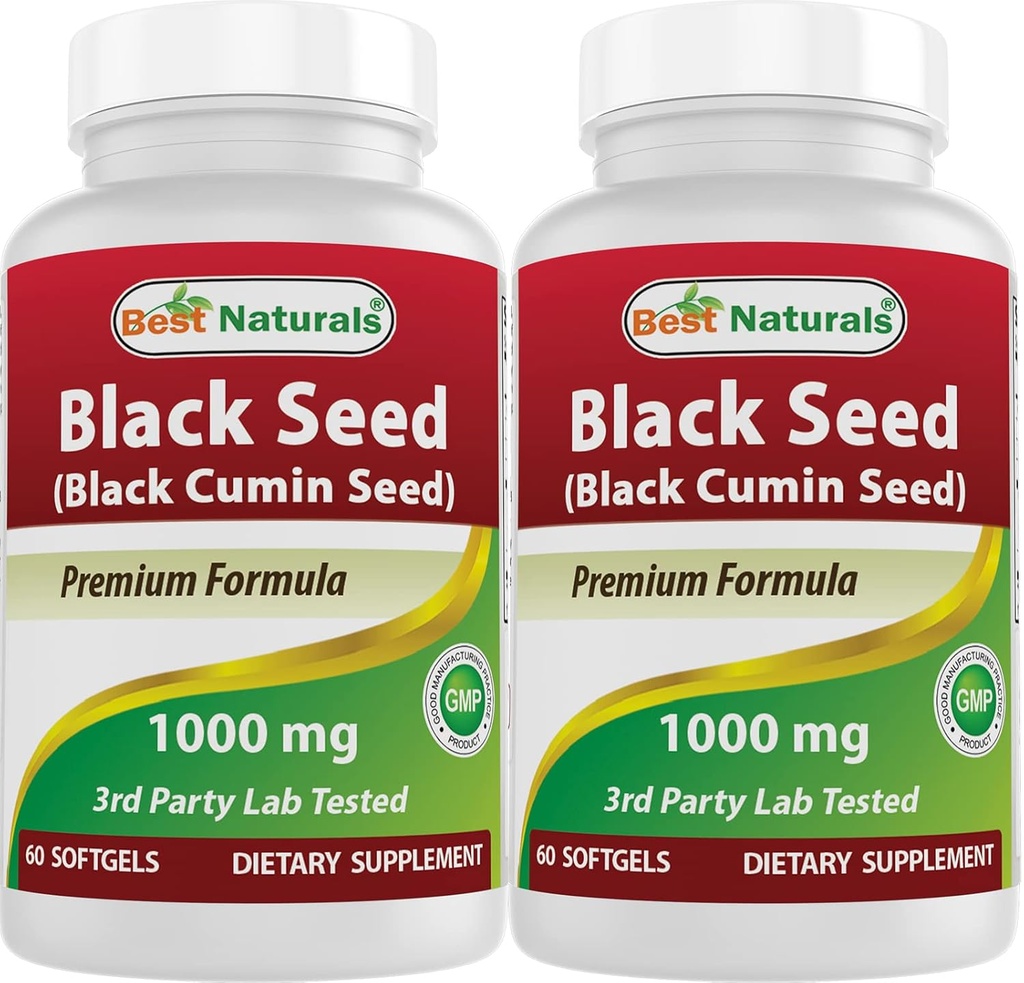 Best Naturals 2 pakkausta Musta siemenöljy kapselit 1000 mg (ei-GMO) Nigella Sativa - 100% Kylmäpuristettu musta kumina siemenöljy pillereitä sisältää Thymoquinonoe 60 Count (yhteensä 120 Softgels)