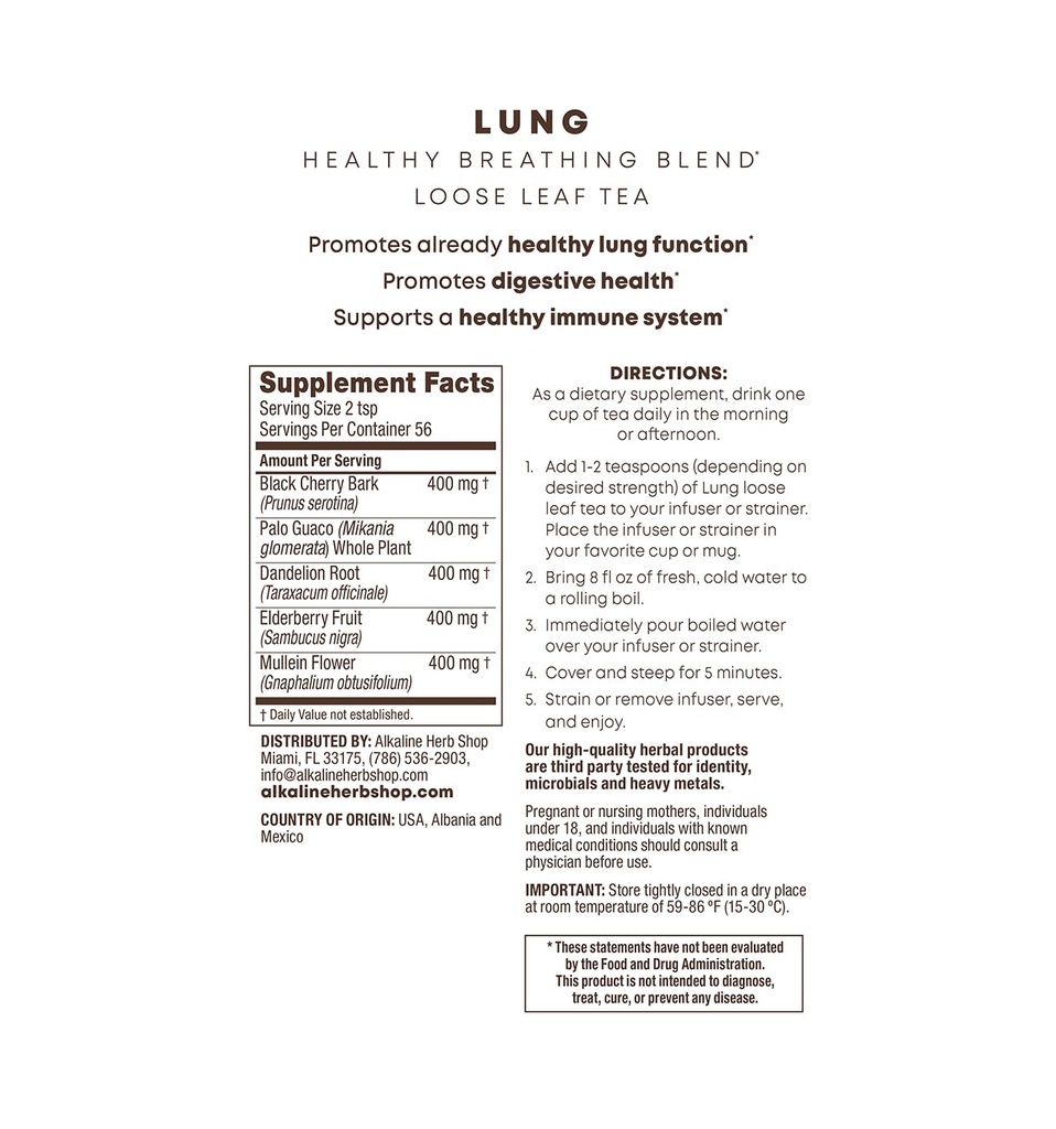 Emäksinen Herb Shop - Happy Lung Tea Supplement - Made with Natural Wildcrafted Yrtit - Mullein, Elderberry, Dandelion Root, Wild Cherry Bark. & Guaco - Vegan - Gluteeniton - 4 Oz Loose Leaf Herbal Tea