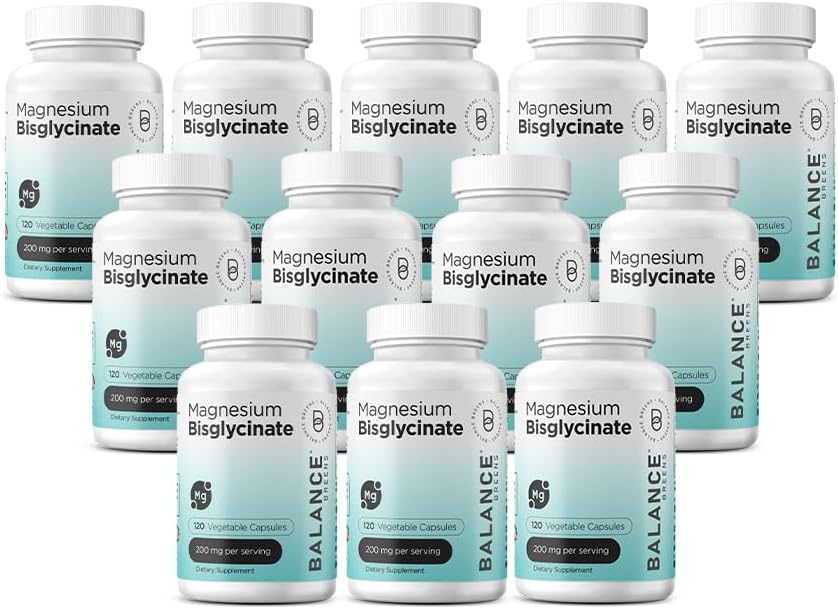Magnesium Bisglycinate 200mg - High Absorption Chelated Magnesium Supplement - Gentle on Stomach, Gluten-Free, stöder sömn, muskelkramper och positivt humör - 120 kapslar (Pack av 12)