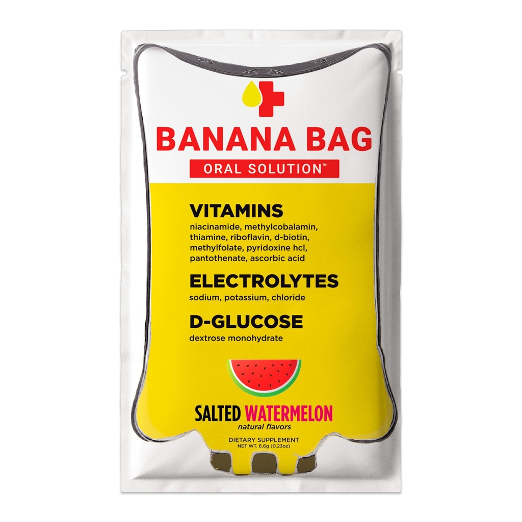Banana Bag Oral Solution Packets - Salted Watermelon 15pk | En uppfriskande blandning av elektrolyter, vitamin C och B-komplex för hydrering och energi. Bekväm, Easy-to-Mix och Perfekt för daglig användning.