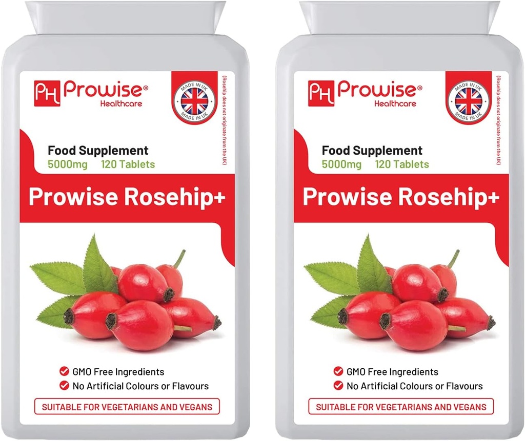 Rosehip Health+ (Pack of 2) 5000 mg 120 tablettia - UK Valmistettu GMP Taattu laatu - Sopii kasvissyöjille & Vegans by Prowise Healthcare