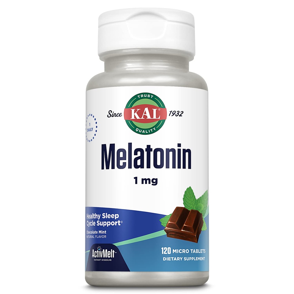 KAL Melatoniini 1 mg unilääke, melatoniini täydentää rauhoittava rentoutuminen ja terve unisykli, nopea ratkaisu ActivMelts, Natural Chocolate Mint Flavor, kasvissyöjä, 120 Serv, 120 Micro Tabs