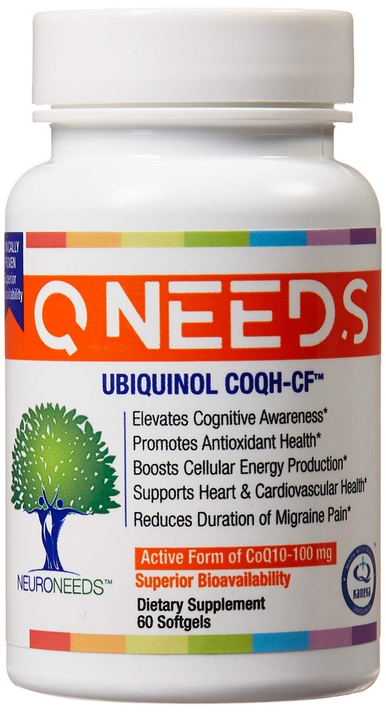 QNeeds® coqh-cf Ubiquinol 100 mg COQ10 Kliinisesti todistettu tehostettu toimitus maksimaalisen imeytymisen, tehostettu mitokondrioiden tuki, antioksidantti sydänterveyteen, 60 kreivi Softgels
