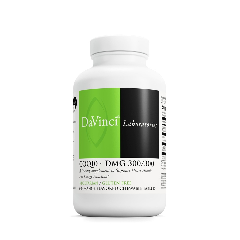 DAVINCI Labs CoQ10 - DMG 300/300 - Tukee sydämen terveyttä ja energiaa* - Ravintolisä Coenzyme Q10 & Vitamiini E - Kasvisruokaa - Gluteeniton - 60 Orange makupalaa
