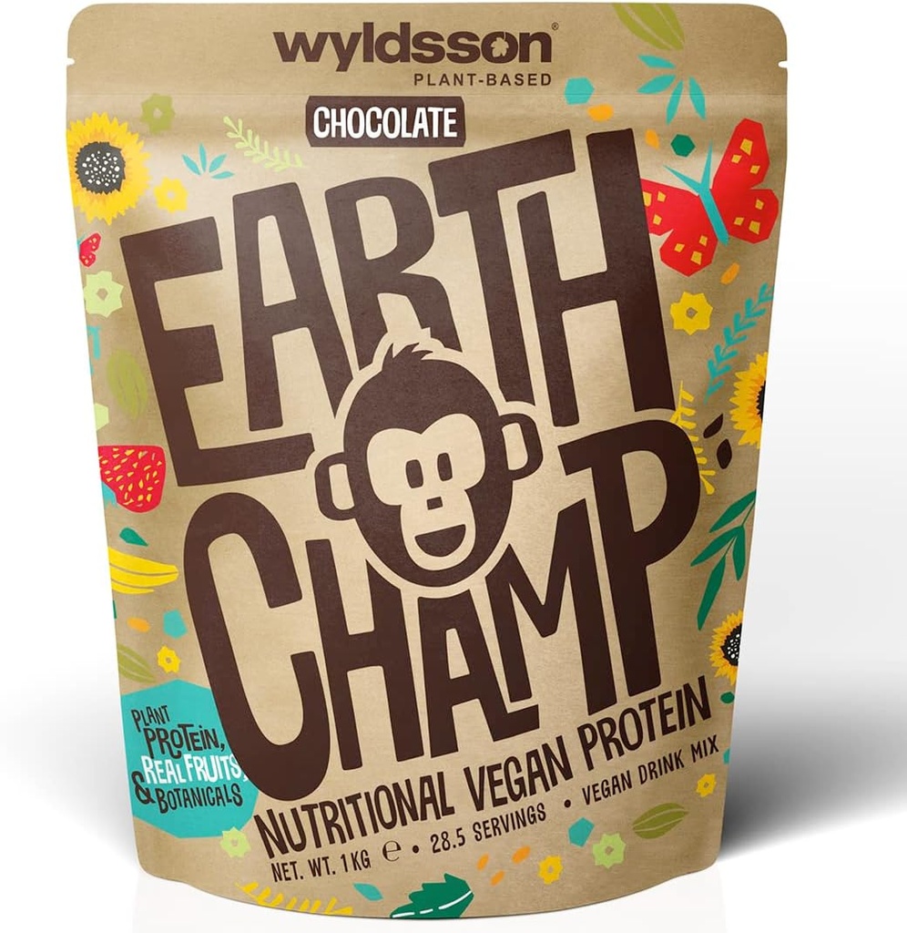 Vegan Protein Powders (1kg) - 28 portioner - EarthChamp by Wyldsson - Plant Based Chocolate Protein Powder Shake - Dairy Free - Laktosfri (Choc)
