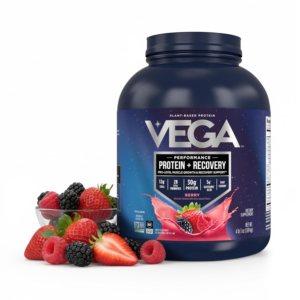 Vega Sport Vegan Protein Powder + Recovery - 30g Plant Based Protein per Servering, Berry, 45 Servings, 5g BCAAs, Probiotika, NSF Certified, För Shakes & Smoothies, 4.2lbs (Packaging May Vary)
