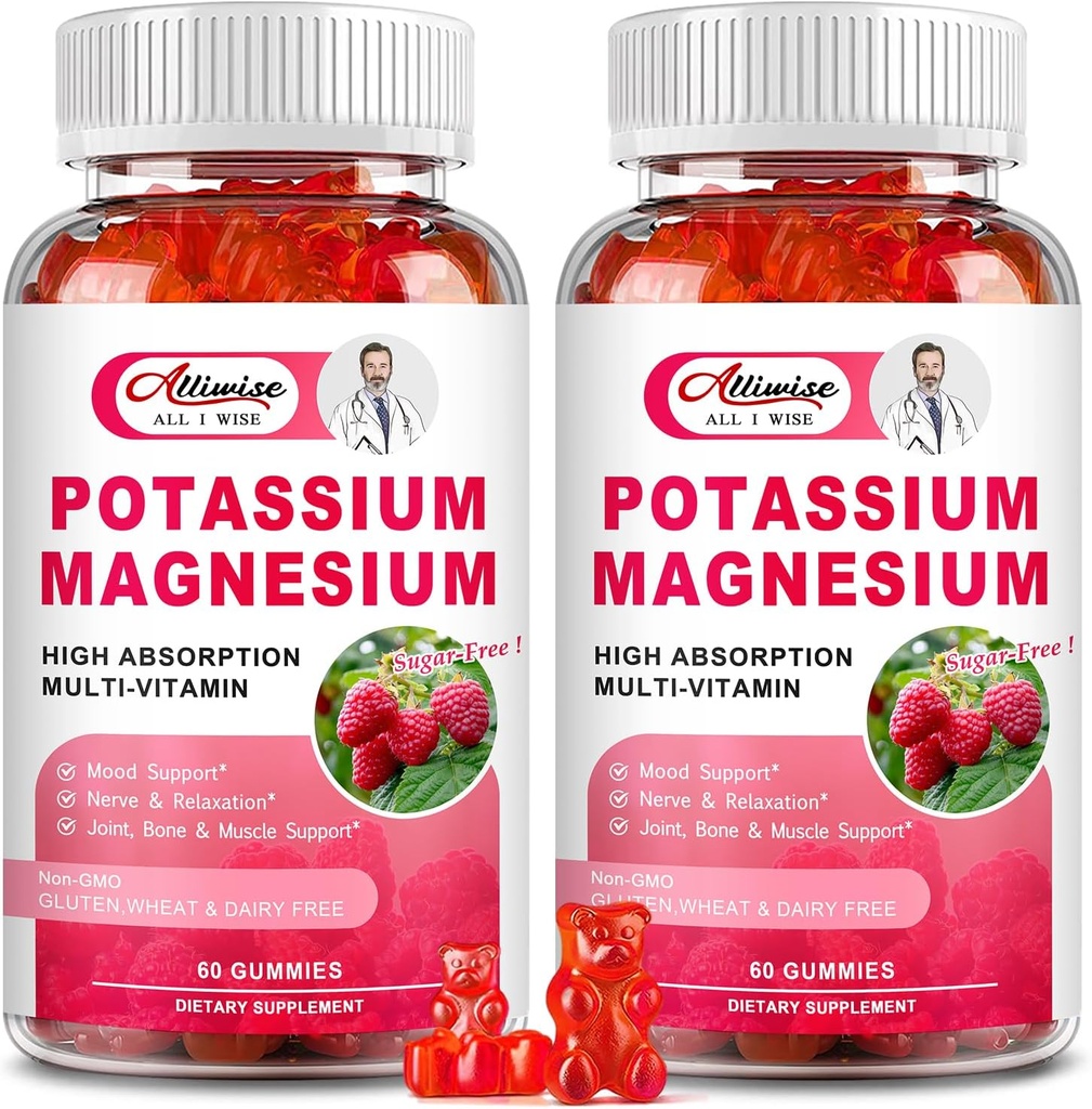2 Pack Potassium Magnesium Supplement Gummies - Potassium Citrate & Magnesium Glycinate för Leg Cramps & Muscle, Mood & Relaxation, Energy Support med vitamin B6, D3, C Raspberry Flavor