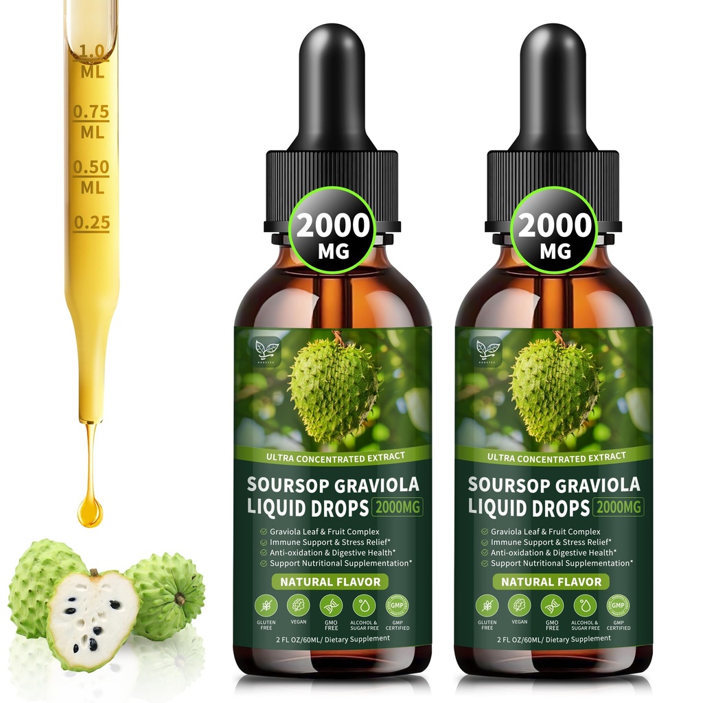 (2 pakkaus) Soursop Graviola Liquid Drops 2000mg, 98% Imeytyminen solujen tuki- ja regenerointi, immuuni Boost, maksa, kasviperäistä hyvyyttä, Soursop Bitters Liquid-Sugar/Gluten Free, Natural Flavor, 4 Fl Oz