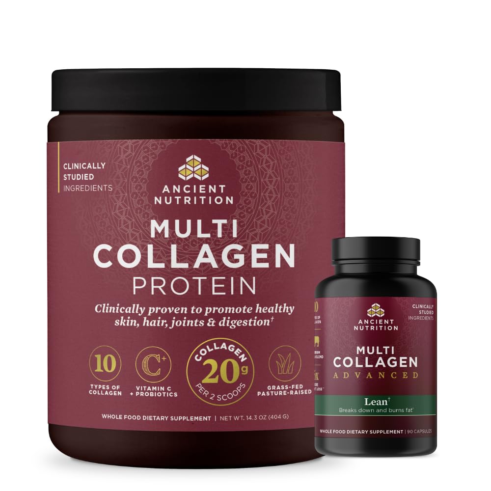 Ancient Nutrition Multi Collagen Advanced Lean Capsules, 90 Count + Multi Collagen Protein Powder, Ei maukasta, 40 tarjoilua