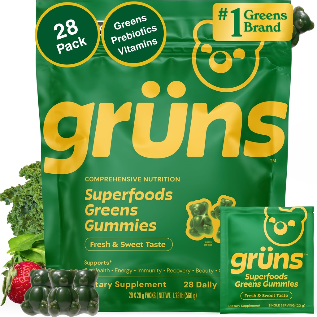Gruns Adult Super Greens Multivitamiini Gummies, Superfood Gummy Vitamiinit naisille ja miehille Spirulina, Klorella, Adaptogens & Prebioottikuitua Ruoansulatuskanavan (28 kreivi)