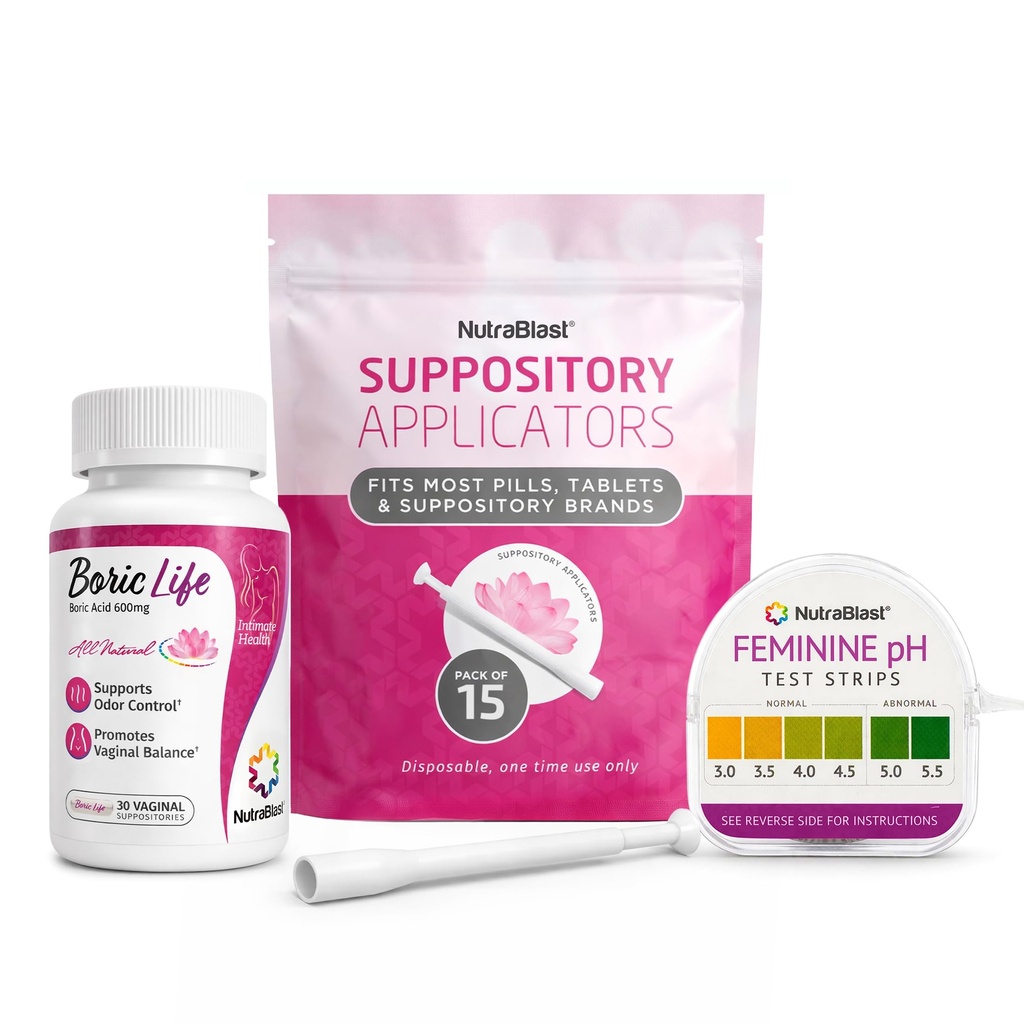NutraBlast Bolic Acid Vaginal Suppositories 600mg (30 Count) w/Disposable emätinsuoja-applikaattorit (15-pack) ja feminiini pH-testiliuskat 3.0-5.5 (100 Testiä rullalla)