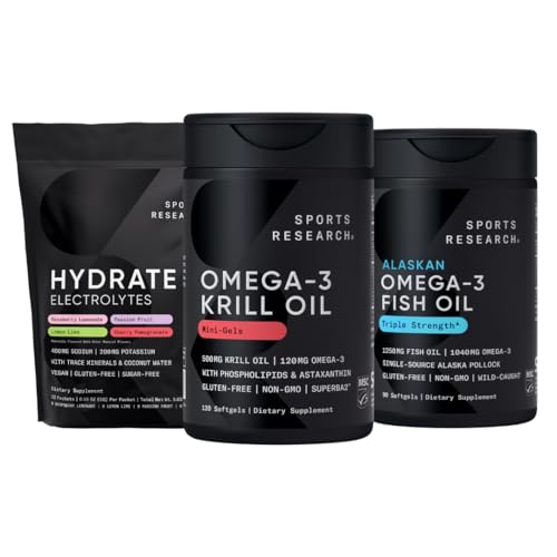 Sportforskning Antarctic Krill Oil Omega 3 Mini-Softgels 500mg med fosfolipider, kolin, Astaxanthin, Triple Strength Omega 3 Burpless Fish Oil 1250mg, Sugar Free Multi Flavor Hydrate Electrolytes