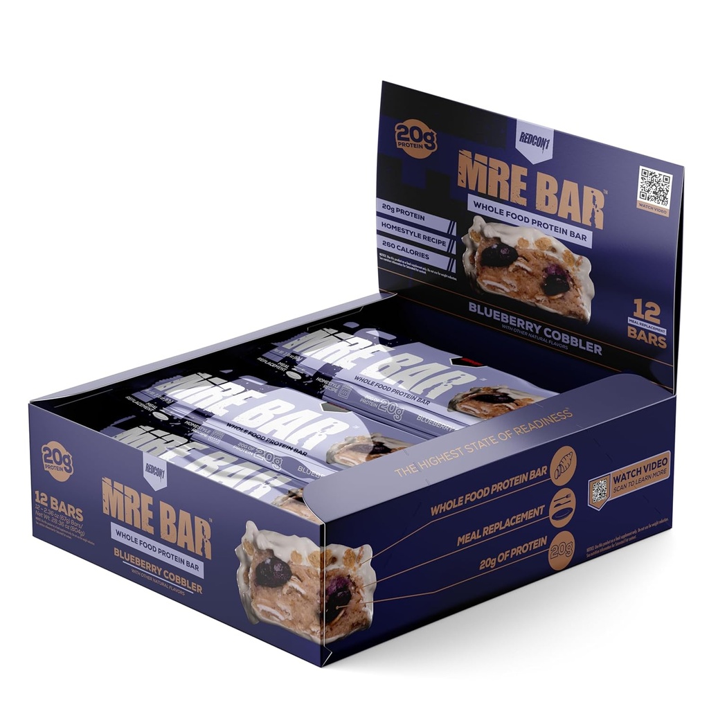 REDCON1 MRE Protein Bar, Mustikkapiirakka - sisältää MCT-öljyä + 20 g koko ruokaproteiinia - helposti digestible, Macro Balanced Low Sugar Meal Replacement Bar (12 Bars)