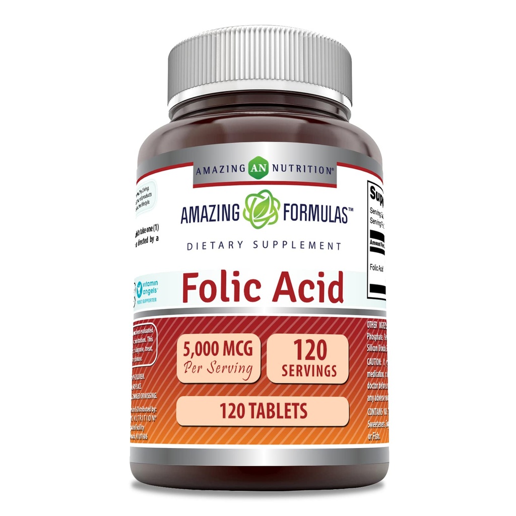Amazing Formula Folic Acid (Vitamin B9) Supplement ... 5000 Mcg per tarjoilu .. 120 tablettia...