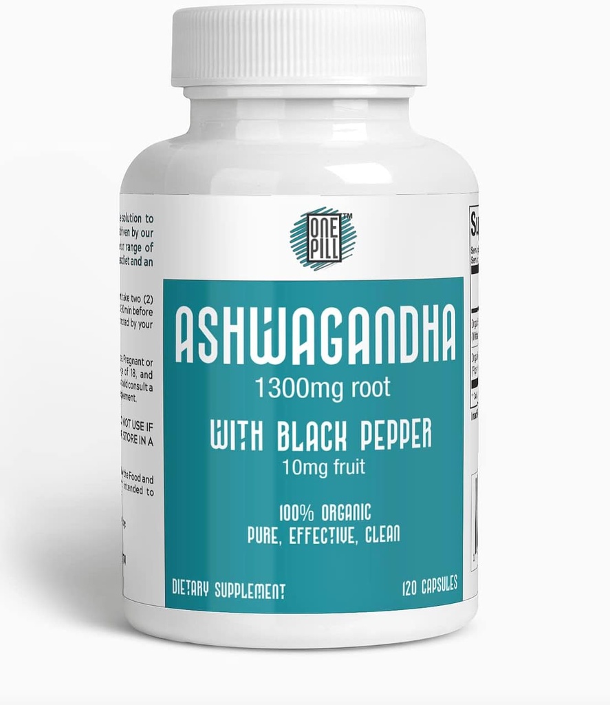 ASHWAGANDHA 1300 mg organisk rot med svartpeppar. Naturlig stress och humörstöd tillskott 120 kapslar
