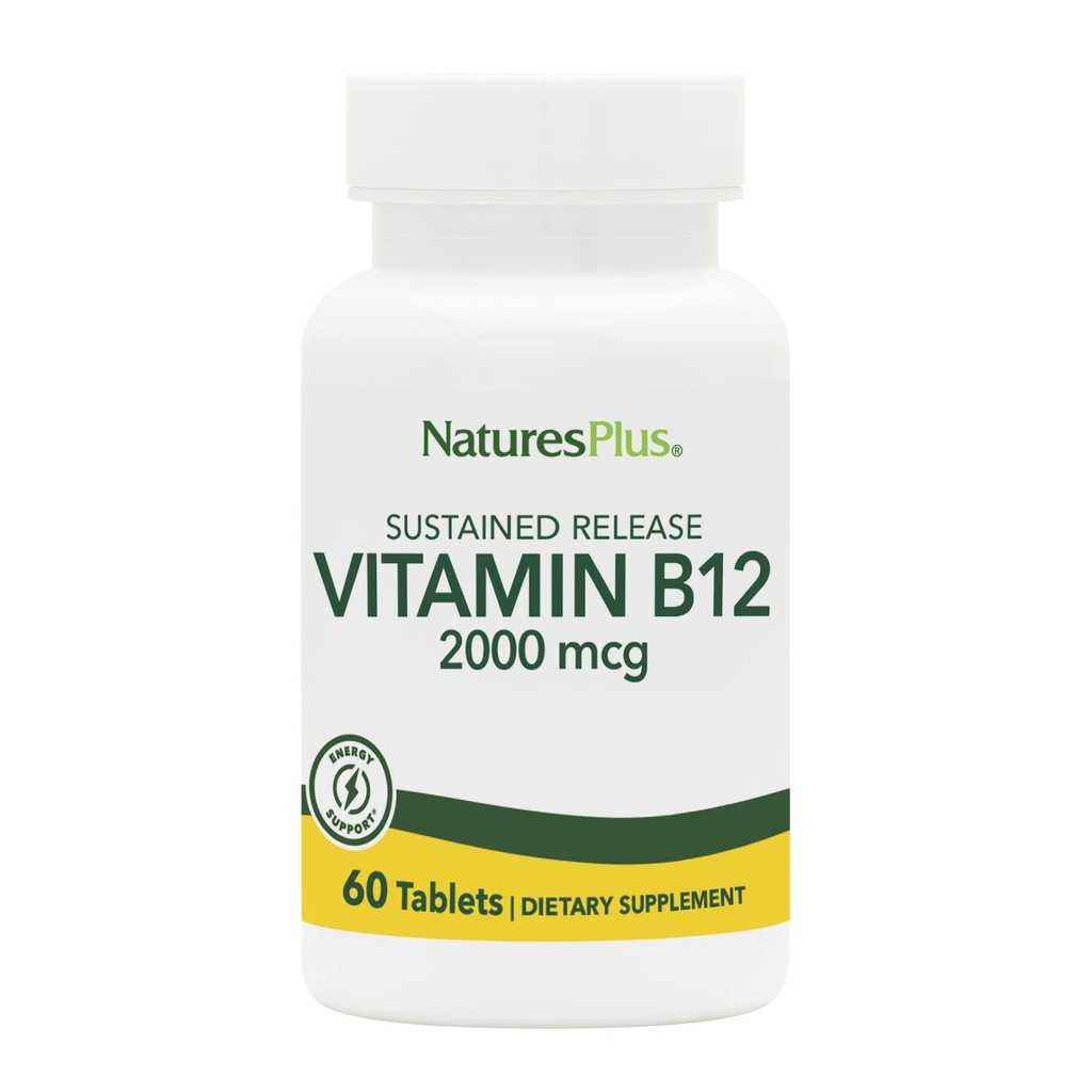 Natures Plus B12-vitamiini (Metyylicobalamiini), kestävä julkaisu - 2000 mikrog, 60 kasvisruokaa Tabletit - Korkea teho Punainen verisolu tuki - Natural Energy Booster - Gluteeniton - 60 tarjoilua