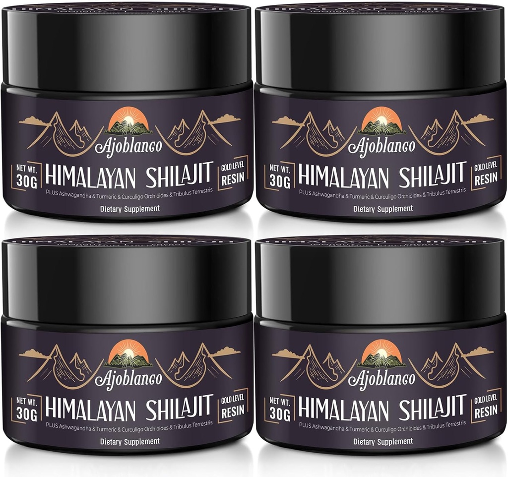 Ajoblanco 600mg naturlig Himalayan Organic Shilajit Resin - Himalayan Gold Shilajit harts med organisk ayurvedisk blandning i hög styrka för energi, styrka och immunitet, pack av 4