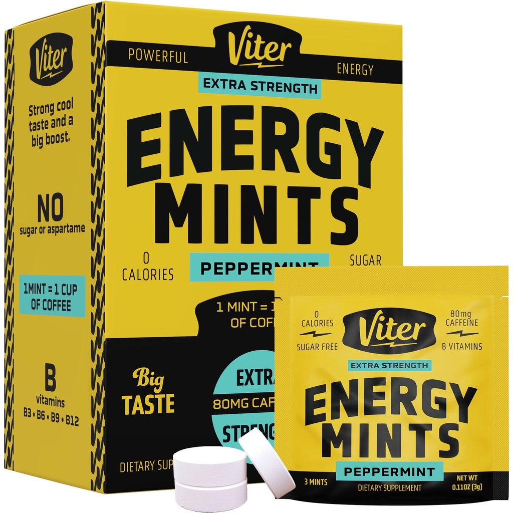 Viter energia kofeiini Mints 80mg Extra vahvuus - 90 Pieces kofeinoitu B-vitamiinit. Sokeriton vegaaninen hengitys Mint. Käynnistä Nootropic Focus Booster nopea hälytys (Peppermint Flavor, 30 Pack)