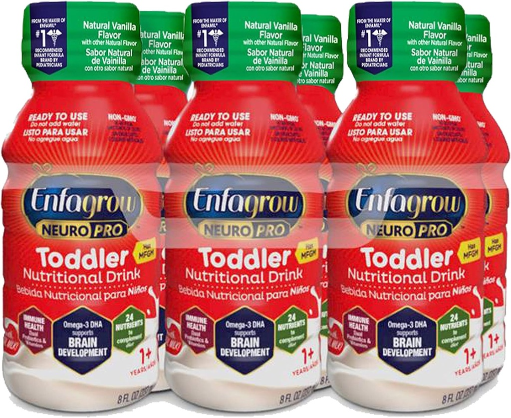 Enfagrow NeuroPro Toddler Nutritional Drink, Vanilla Flavor, Omega-3 DHA för hjärnstöd, prebiotika och vitaminer för immun hälsa, redo att använda flaskor, 8 Fl Oz, 6 Count