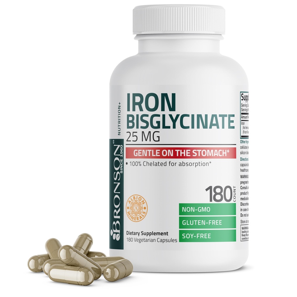 Bronson Iron Bisglysinaatti 25 mg Hellävaraisesti vatsa, tukee energian ja terveen punasolujen tuotanto - ei-kosteuttava Formula - Ei GMO, 180 kasvissyöjä kapselit