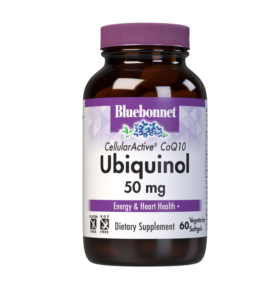 Bluebonnet Nutrition Cellular Active CoQ10 Ubiquinol 50 mg Kasvissyöjä Softgels, Heart Health & Cellular Health, Kanekan Ubiquinol, Non GMO, Gluteeniton, soijaton, maitoton, 60 kasvissyöjä Softgels