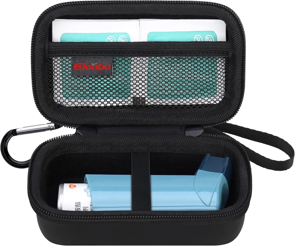 Elonbo Astma Inhaler Carrying Case, Travel Järjestä holder Bag Ventolin Inhaler, Extra Interior Mesh Mesh Pocket Fits Astma Mediction, Black+Inside Black (CASE VAIN! Inhalaattorin sisältämät lääkkeet)