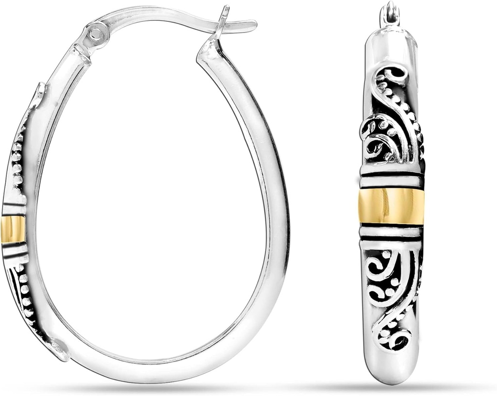 LeCalla 925 Sterling Silver Bali-style Hoop Korvakorut Kevyt Click-Top Antiikki Kaksi-Tone Helmet Italian Bali Style korvakorut naisille