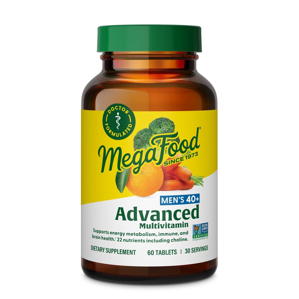 MegaFood Miesten 40+ Advanced Multivitamiini miesten - Dr-Fomulated - Koliini, B-vitamiini, C-vitamiini, D-vitamiini, Sinkki & Real Food - Aivojen terveys, Immuuni tuki - Kasvisruoka - 60 Tabs (30 Servings)