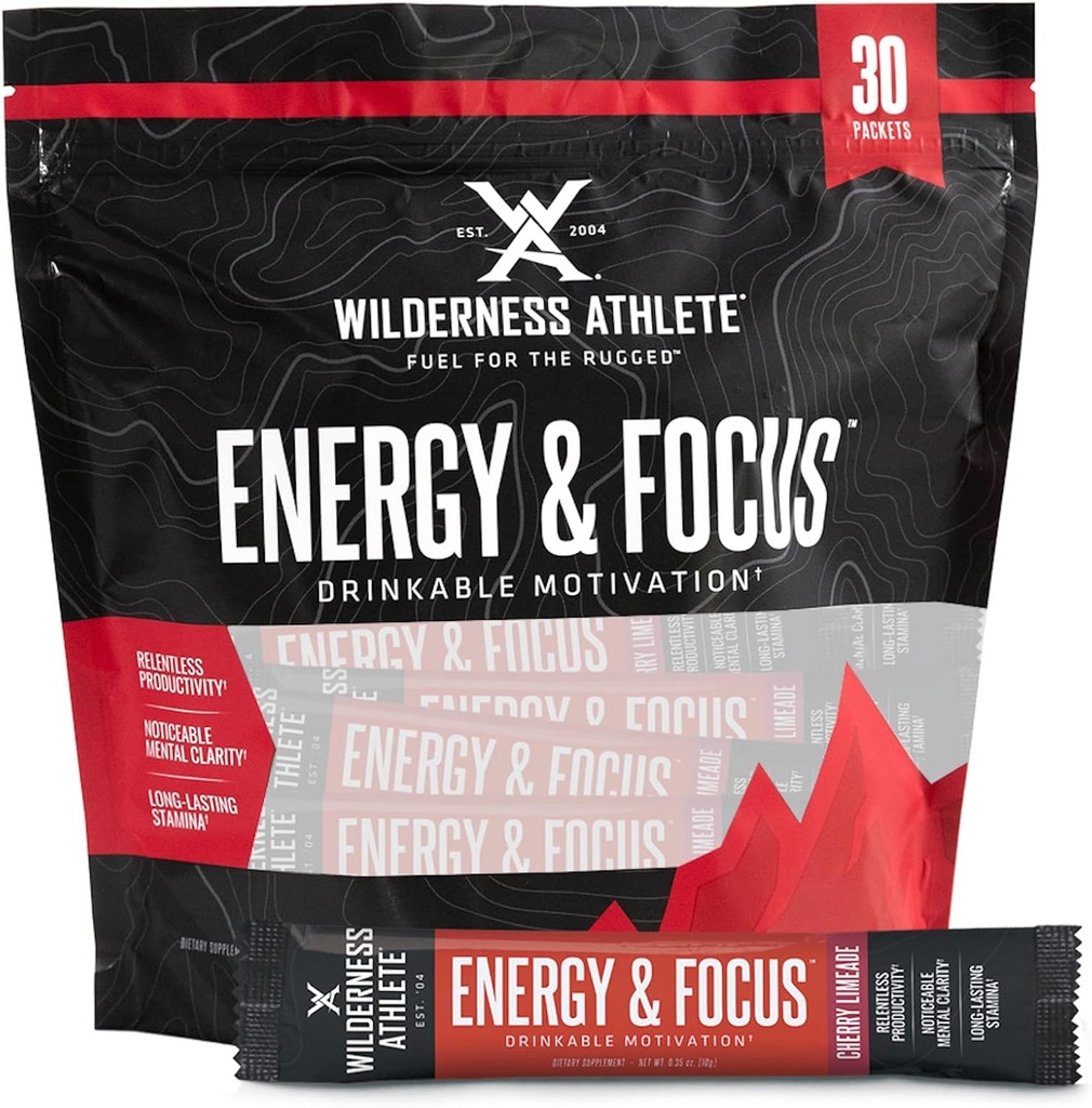Wilderness Athlete - Energy & Focus | Energibooster för kvinnor och män - Energidryck Mix med naturligt koffein - Low-Carb, Zero Sugar Energy Drink Powder - 30 Servering Energy Drink Packets (Cherry)