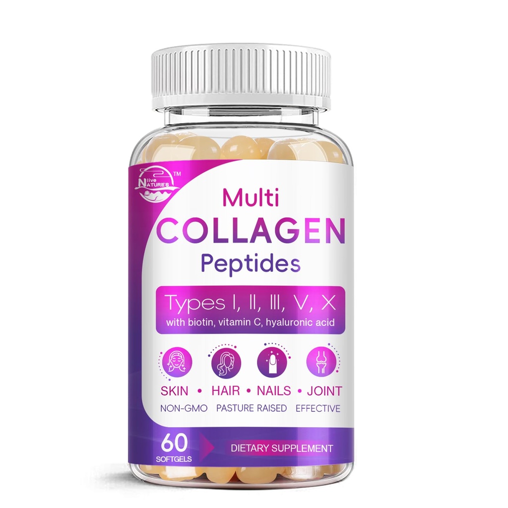 Multi Collagen Peptides Softgel - tyyppi I, II, III, V, X - Hydrolysed Collagen Peptides Biotiini, C-vitamiini, hyaluronihappo, tukee ihon hiuskynsi, Grass-Fed, ei-GMO, 60 Softgel, 1 Pack