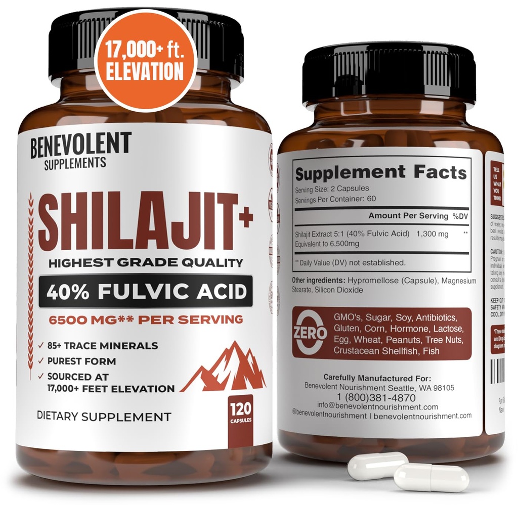 6 500 mg Shilajit Supplement med 40% Fulvic Acid (High Absorption) | Shilajit Mineral Supplement med 85 + Spårmineraler för energi, prestanda och immunhälsa - 120 kapslar