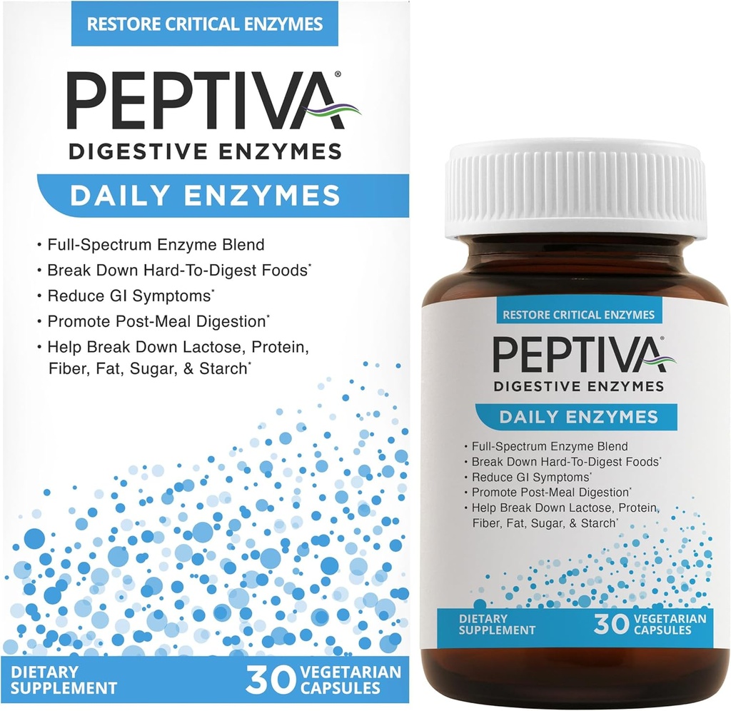 Peptiva Daily Digestive Enzymes, Full-Spectrum, Daily Digestive Health, stöder nedbrytning av livsmedel och post-Meal Digestion, 30ct