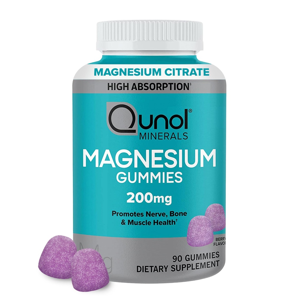 Qunol Magnesium Gummies aikuisille, 200mg Elemental Magnesium (alkaen 1750 mg Magnesium Citrate), korkea imeytyminen Magnesium täydentää, tukee hermo-, luu- ja lihasterveys, kasvissyöjä, 90 Count