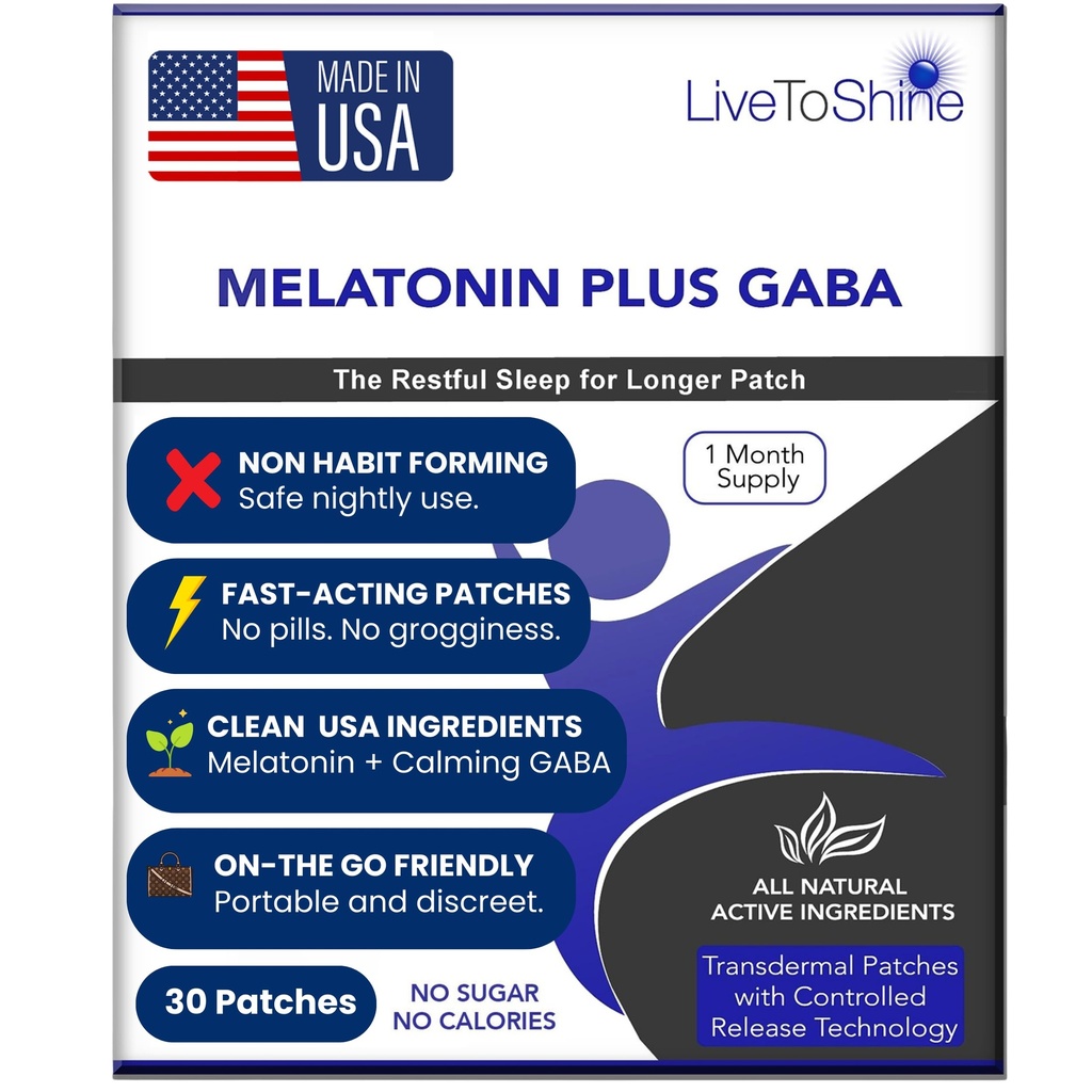 Live to Shine Melatoniini Patchs for Sleep - Plus GABA to Calm Busy Brains Fast - Täydellinen Combo miesten ja naisten - hidas julkaisu - 30 paikkaa - USA Made