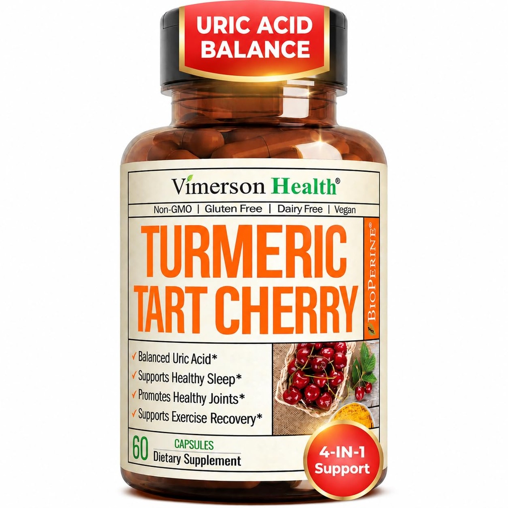 Gurkmeja Curcumin Supplement med 10:1 Tart Cherry Extract & Celery Seed Extract - Natural Uric Acid Balance, Joint Health & Sleep Aid - Turmeric Curcumin med Black Pepper. 60 Tart Cherry Capsules