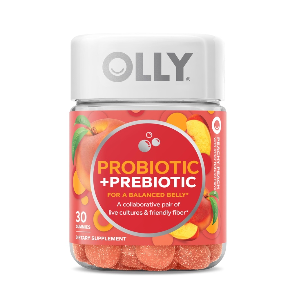 Olly Probiootti + Prebiootti Gummy, 500 miljoonaa PMY, FOS, Aikuisten pureskeltava täydentää miehille ja naisille, Peach Flavored, 30 päivän tarjonta - 30