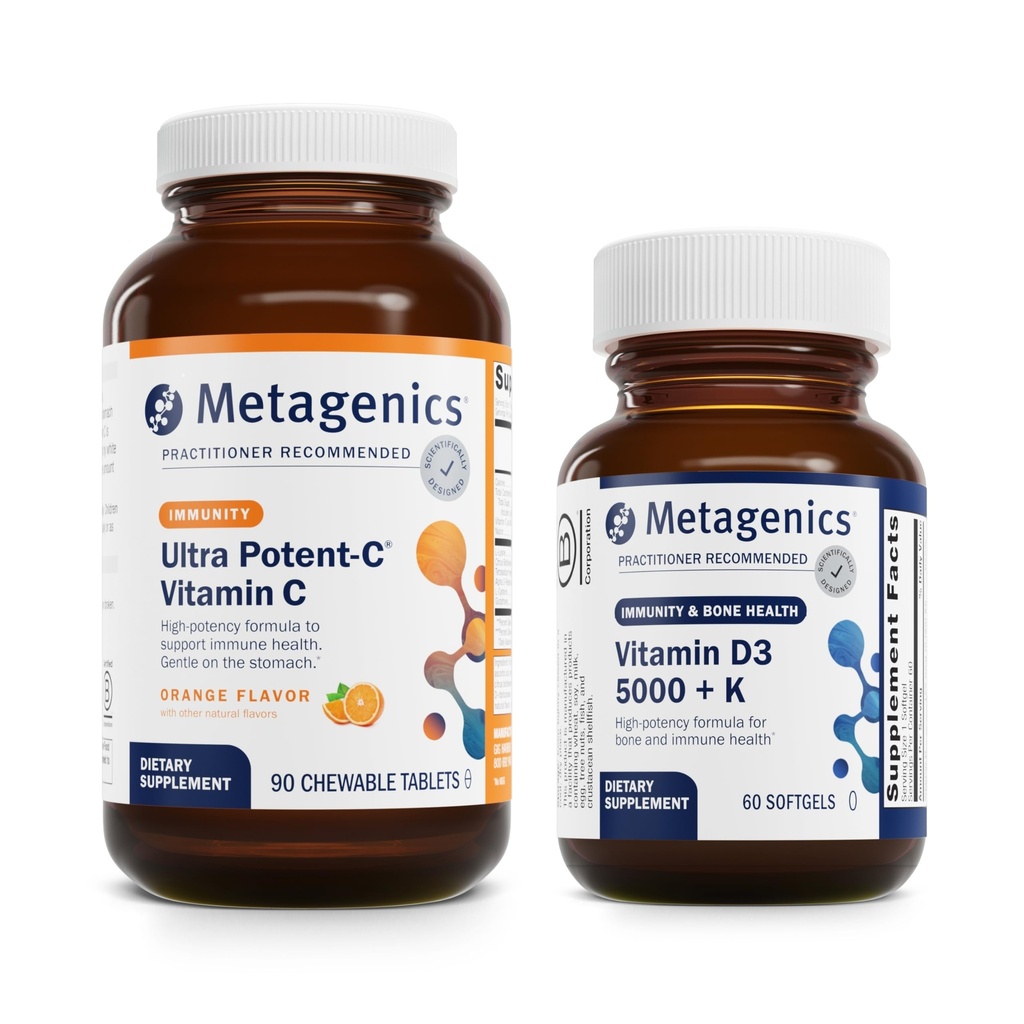 Metagenics Bundle - Ultra Potent-C Chewable & D3 5,000 + K - 90 tabletter av Ultra Potent-C Chewable för immun & Antioxidant Support - 60 Softgels av D3 5,000 + K för Immune, Hjärt & Benhälsa