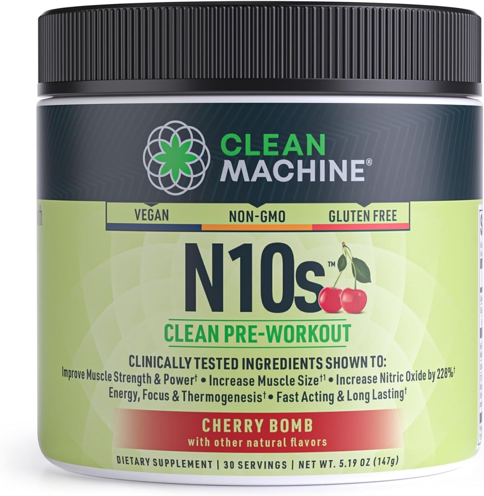 CLEAN MACHINE N10s Plant-Based Pre Treenout Powder - Vegan Energy täydennysosa 3 Kliinisesti testattu patentoituja ainesosia lihasten kokoa, vahvuus, pumppu ja kestävyys - ei-GMO, 30 tarjoilut
