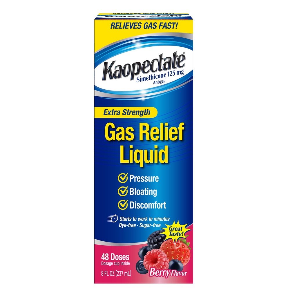 Kaopectate Extra Strength Gas Relief Liquid, Mixed Berry Flavor, Relives Gas, turvotus ja paine, Simetikoni 125 mg, 8 oz