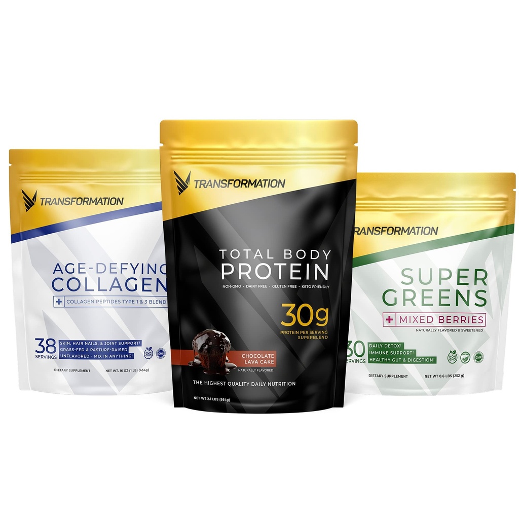 Transformation Chocolate Protein Powder | 30G Multi-Protein Superblend + Grass-Fed Hydrolyzed Collagen Peptides Powder- Hair, Skin, Nails + Organic Super Greens Superfood Powder- Immune & Energy Support
