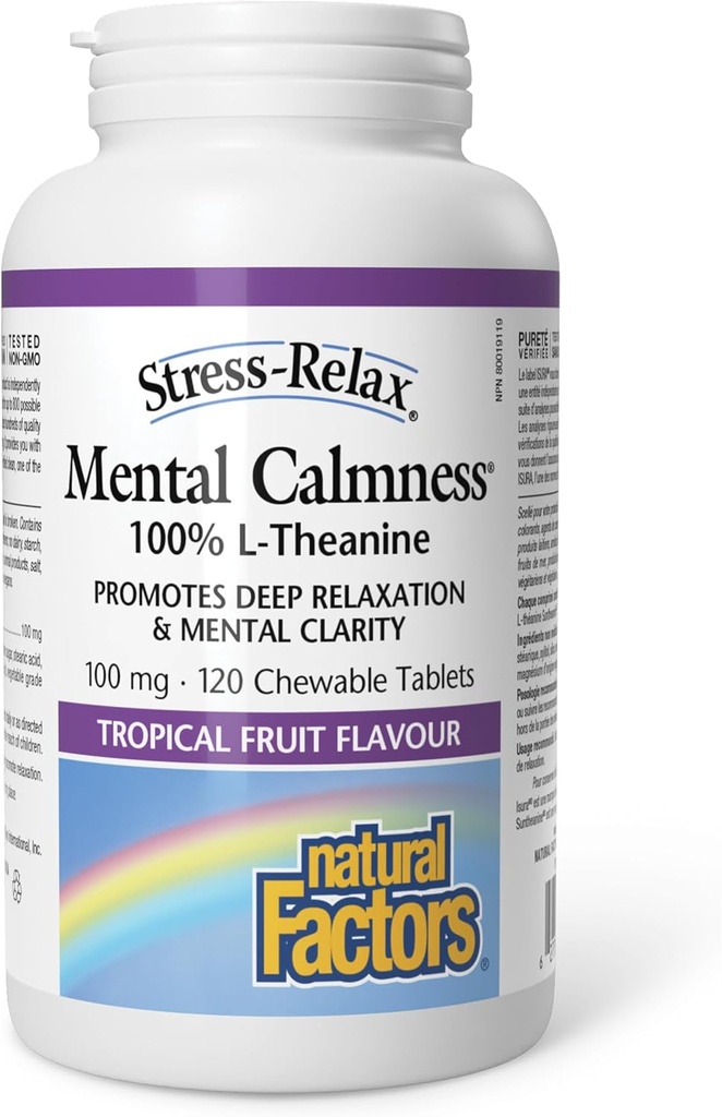 Stressi-relax Pureskeltava Suntheanine L-Theanine 100 mg mukaan Natural Factors, Non-Drowsy Stressi tuki mielenrauhan ja rentoutumista, Trooppiset hedelmät maku, 120 tablettia