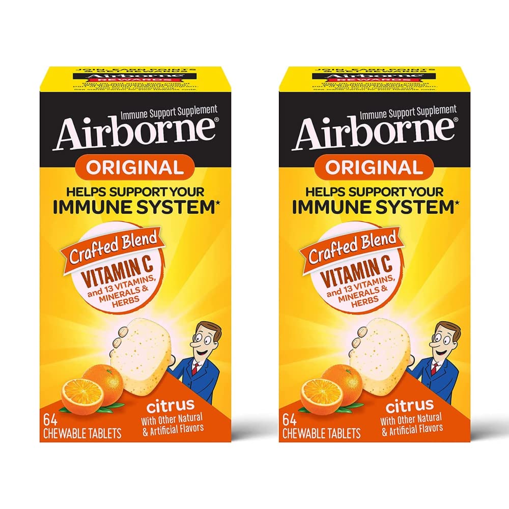 Airborne C-vitamiini 1000 mg (per tarjoilu) - Citrus purutabletit (64ct/Box), gluteeniton immuuni tuki täydentää, vitamiinit A C E, ZINC, Selenium, Echinacea, inkivääri, antioksidantit (2-pakkaus)