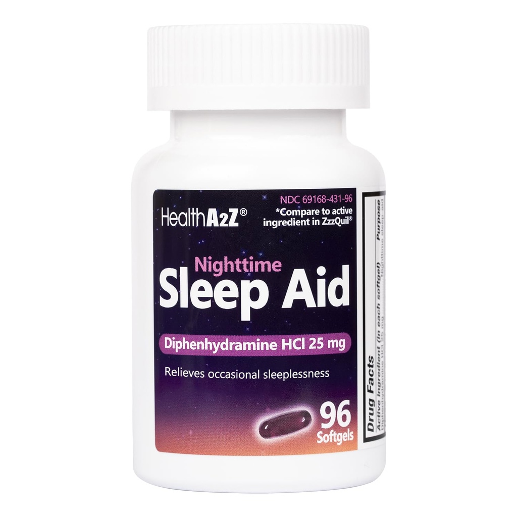 HealthA2Z uniapu, Difenhydramiini HCl 25mg Softgels, tukee syvempää, levollinen nukkuminen, Non Habit-Foming (96 Softgels)