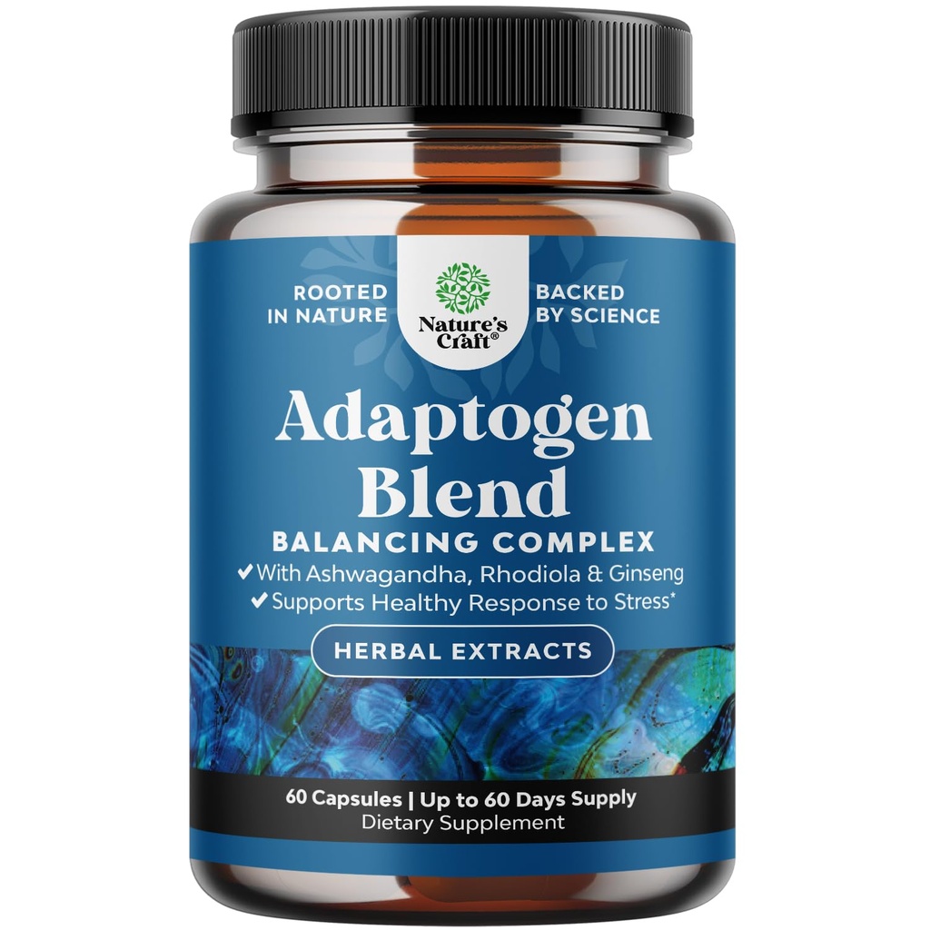 Herbal Adaptogen Mood Support Supplement - Calming Adaptogens Supplement for Stressi & Kortisol Management Ashwagandha Rhodiola Rosea & Maca Root - Vegaani ei GMO & Daytime Friendly - 60ct