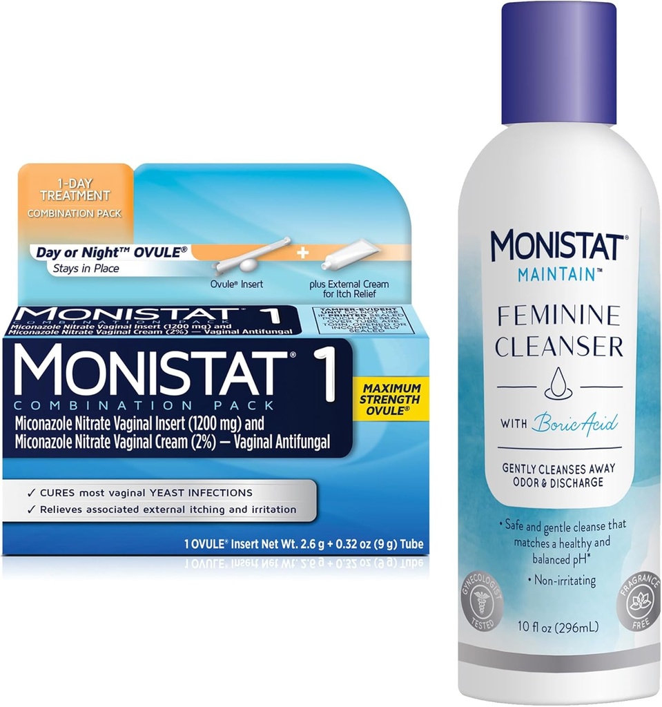 Monistat 1 päivä Hiivatulehdus Hoito naisille, 1 Mikonatsoli Ovule Lisää & ulkoinen Monistat Anti-Itch Cream Bundle + 10 fl oz Boric Acid Feminine Cleanser