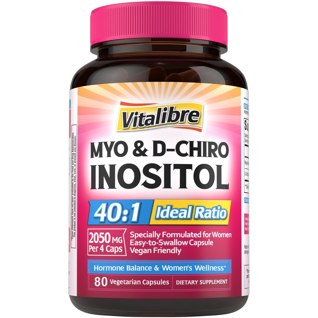Inositolin täydennysosa, Myo-Inositoli & D-Chiro Inositolin hedelmällisyyslisät naisille, 40:1 Ihanteellinen suhde, hormonitasapaino ja munasarjatuki, 80 Vegaanikapselia