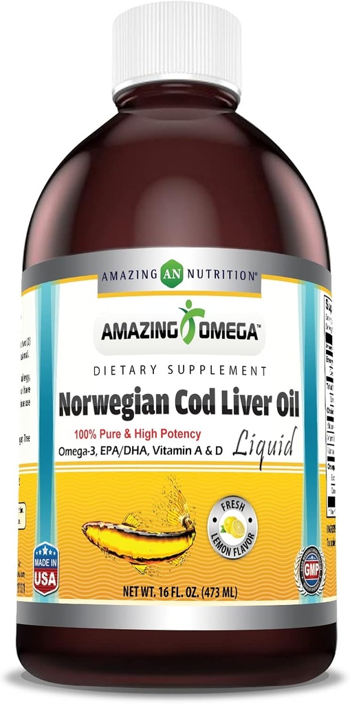 Fantastiska Omega Norwegian Cod Liver Oil 16 Oz 473 ml Supplement | Lemon Flavor | Utdragna enligt strikt kvalitetsstandarder från Runt vatten i Norge | Icke-GMO | Glutenfri